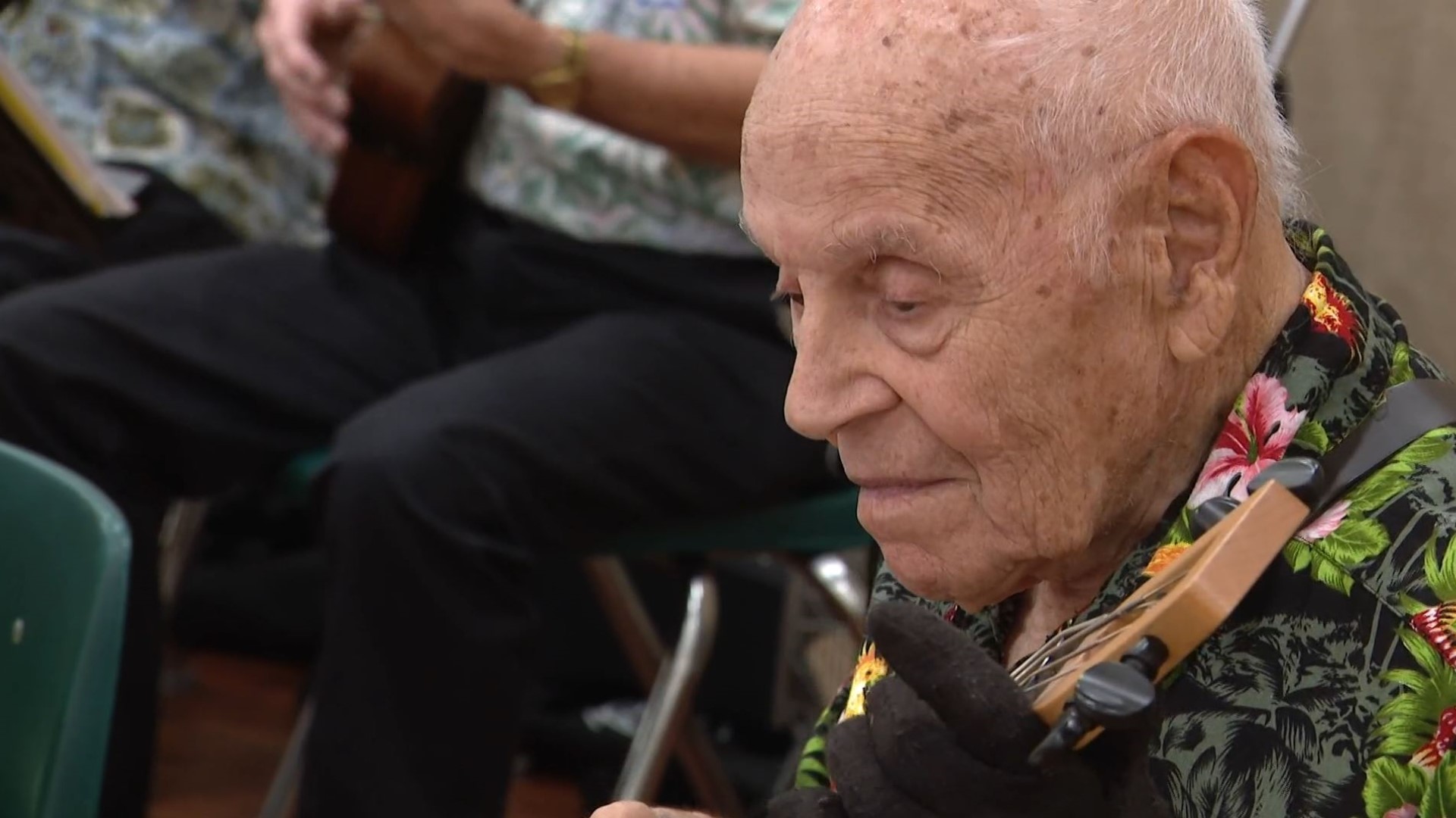 Ted Piskos, a WWII Veteran, hasn't lost his rhythm at 100 years old. Piskos has long been a musician, starting with violin and now playing the Ukelele.