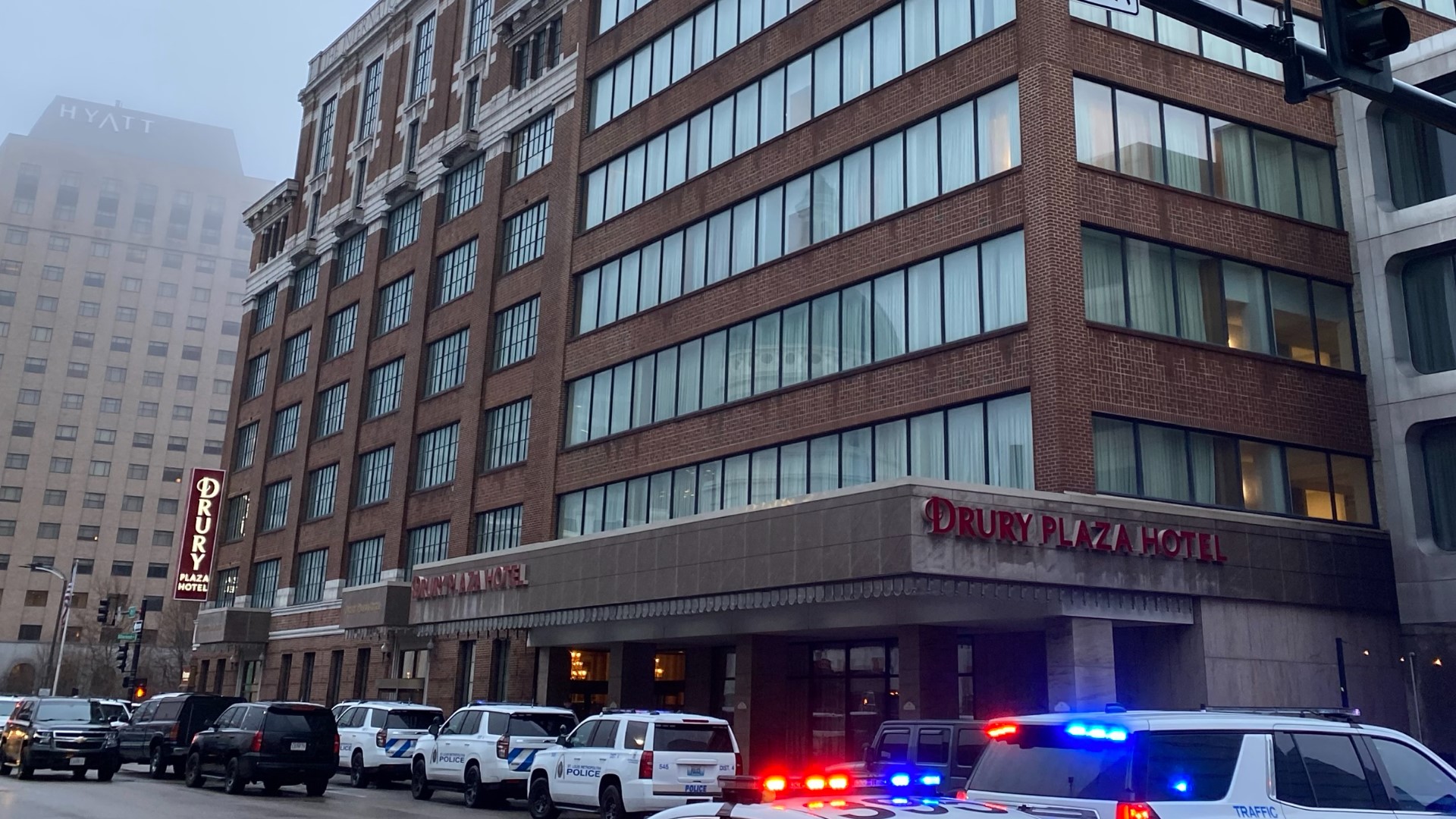 Dozens of police vehicles responded to a reported hostage situation at the hotel Wednesday morning.