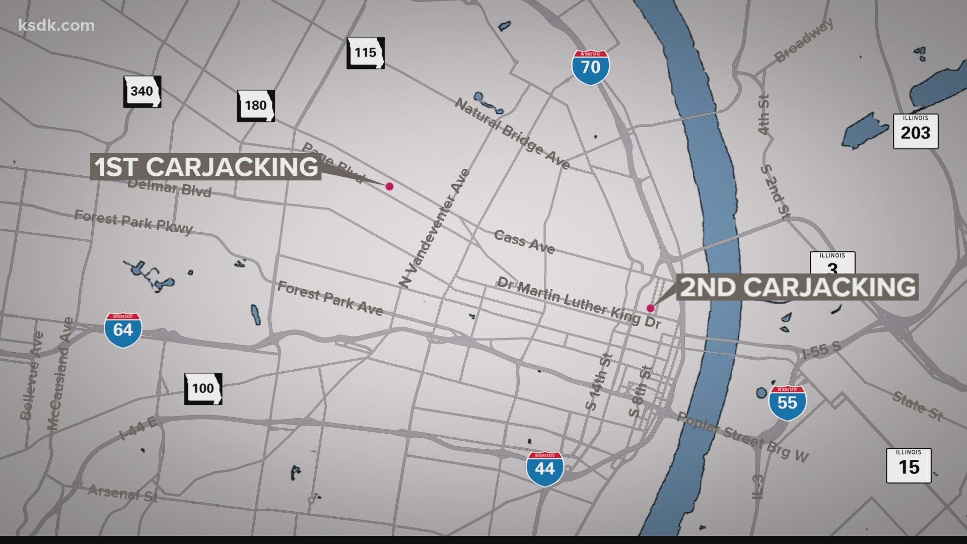 A 51-year-old woman and a 32-year-old man were carjacked before 2 a.m. less than five miles apart.