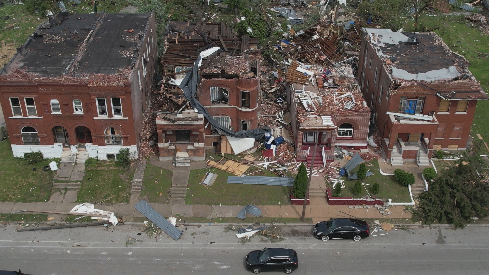 Drone video shows the destruction left behind by an EF3 tornado that struck St. Louis, Missouri.