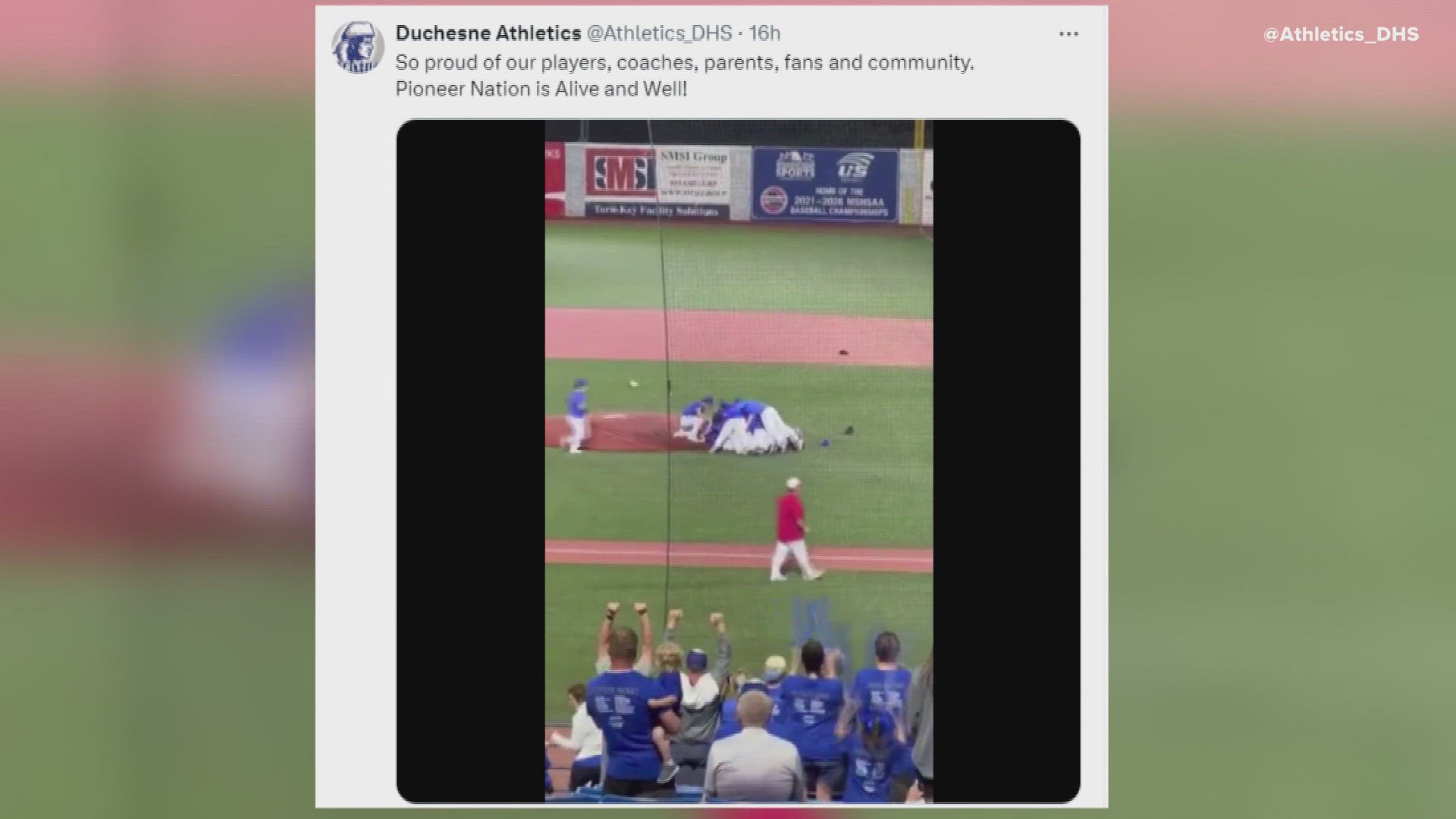 Congrats to Duchesne High School baseball! The Pioneers beat Mid-Buchanan nine to nothing last night to win the Class 3 Missouri State baseball title