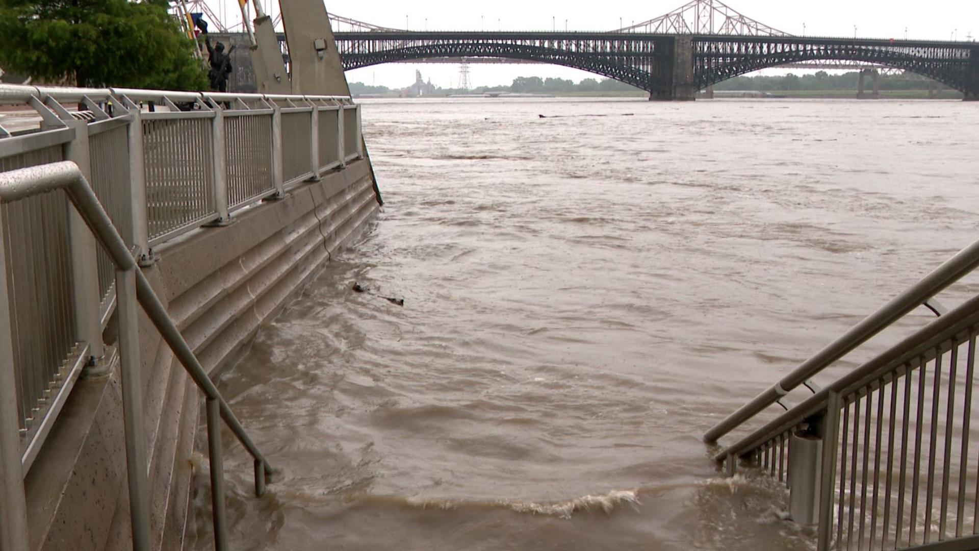 Flooding can be seen on the St. Louis Riverfront. Rain from the aftermath of Beryl hit the St. Louis region on Tuesday.