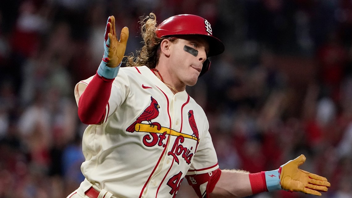 This is a 2022 photo of Harrison Bader of the St. Louis Cardinals baseball  team. This image reflects the St. Louis Cardinals active roster Saturday,  March 19, 2022, in Jupiter Fla., when