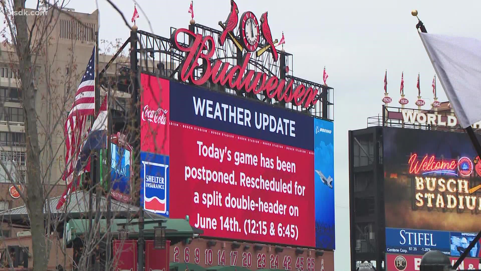 The Cardinals announced Monday’s game will be made up at 12:15 p.m. as part of a doubleheader on Tuesday, June 14.