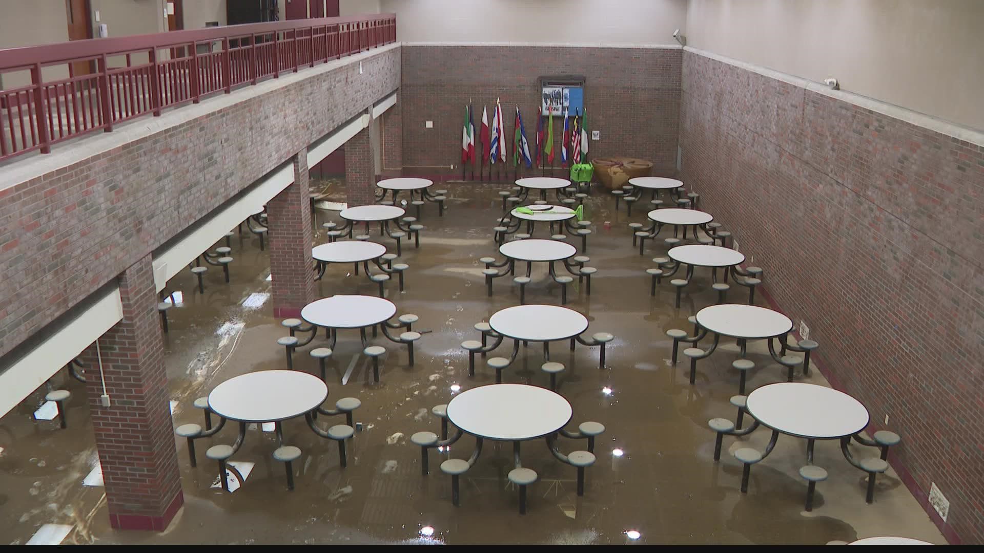 Thursday's flooding completely submerged cafeteria chairs at Soldan High School.