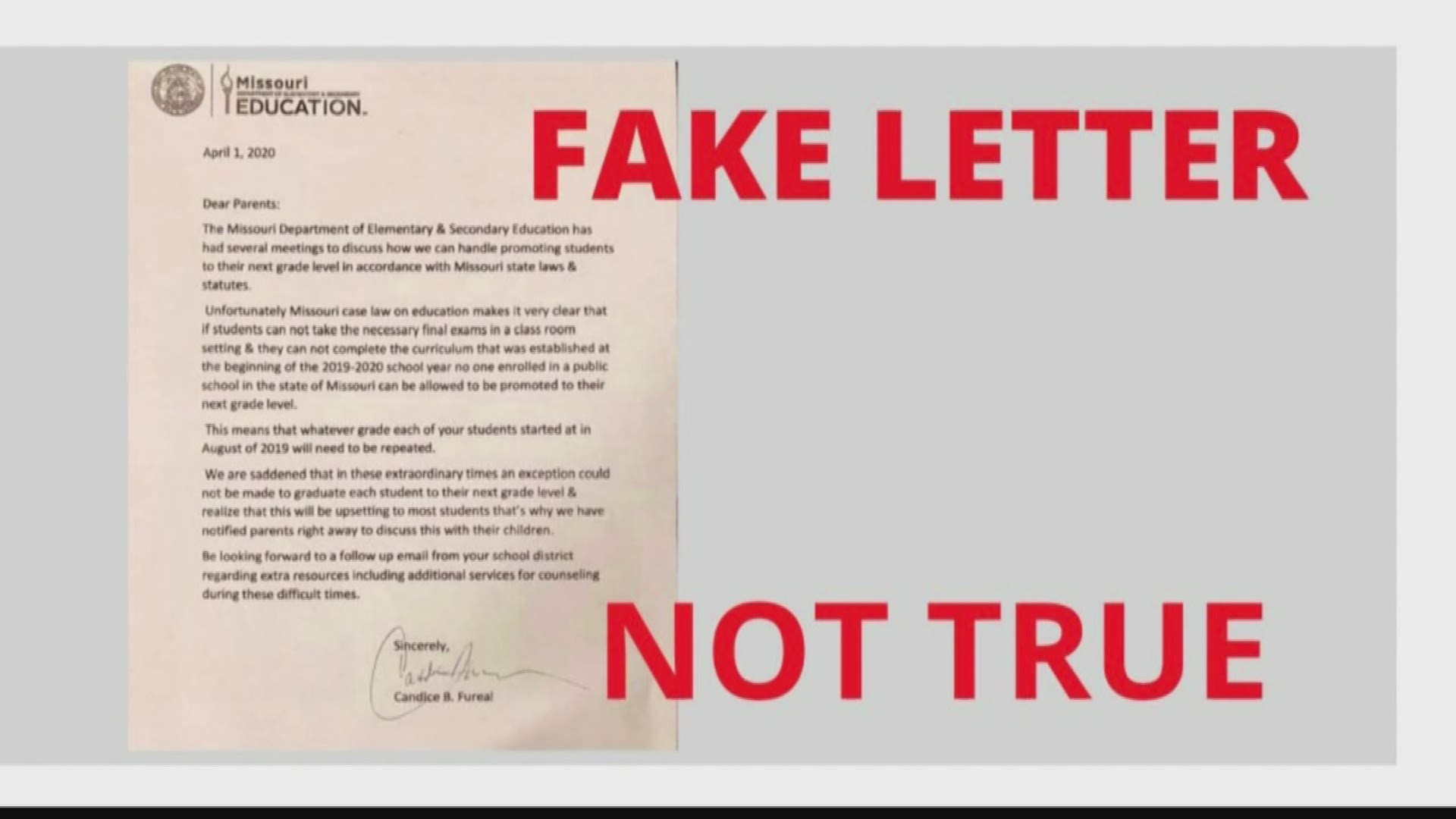 DESE said someone stole their logo to spread a fake letter claiming students in Missouri would not be able to advance a grade because of coronavirus changes
