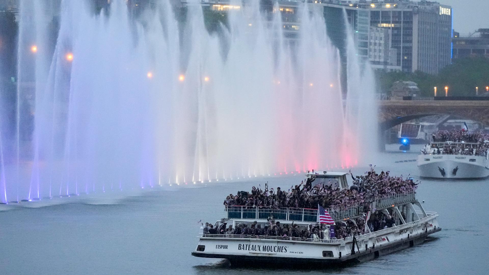 Members of the United States team traveled along the Seine River during the Opening Ceremony of the 2024 Paris Olympics. The 2024 Olympics kicked off on Friday.