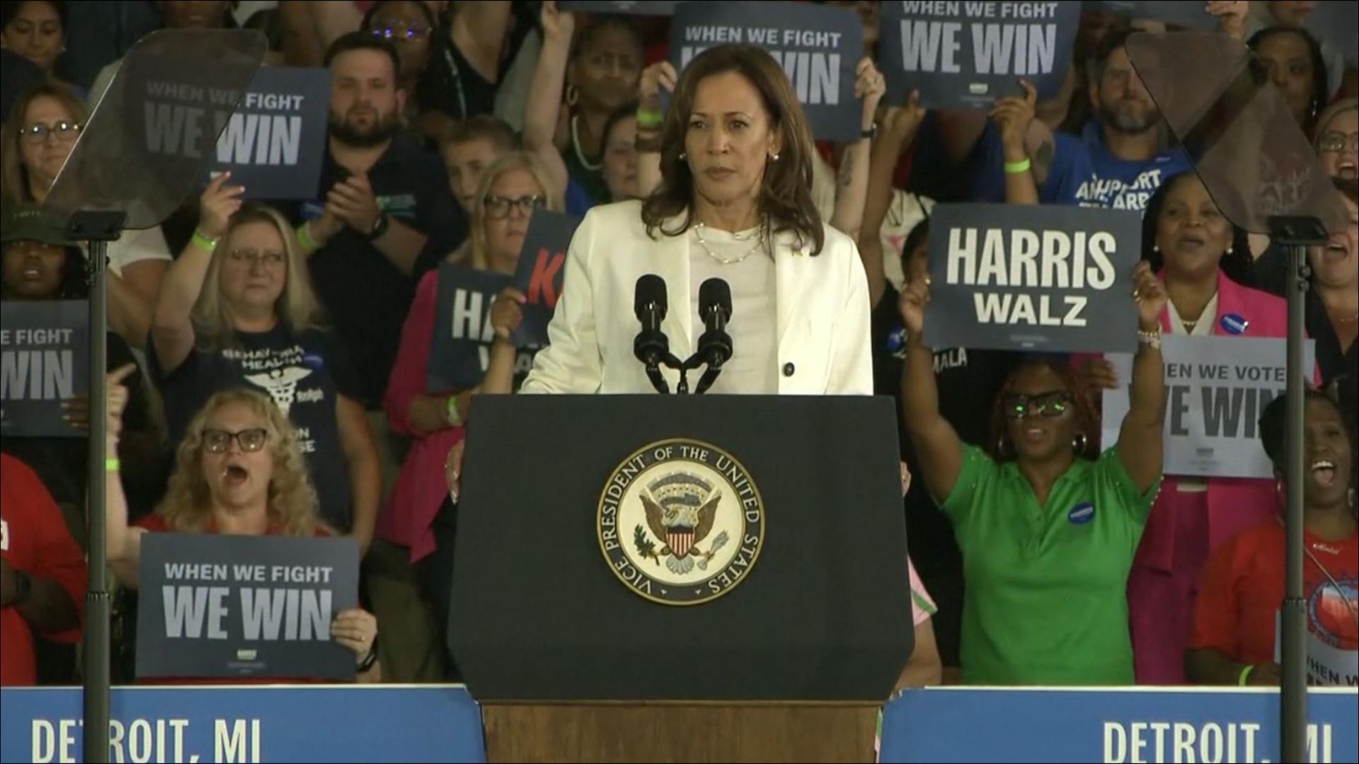 Vice President Kamala Harris was interrupted by protestors during her rally in Detroit, Michigan. Here's how she responded.