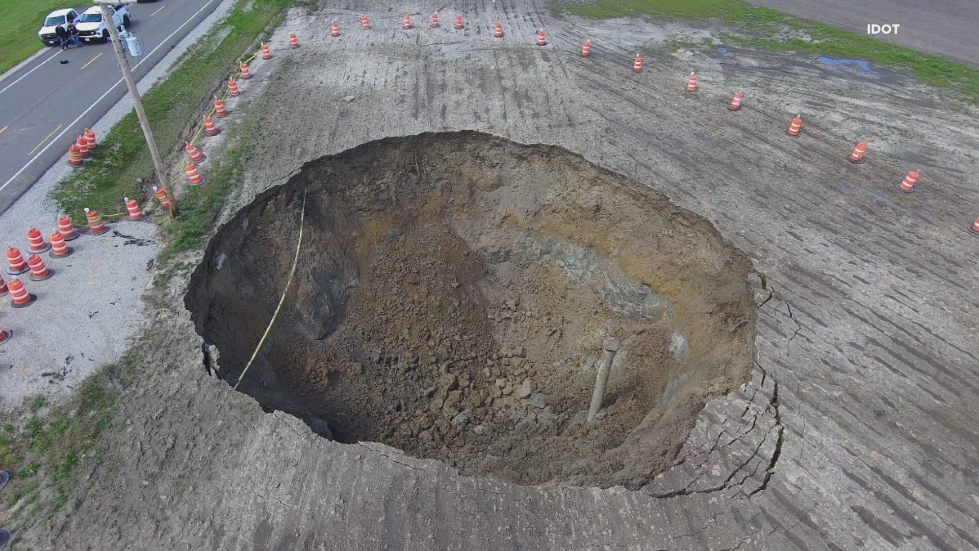 A giant sinkhole discovered in southern Illinois may threaten the integrity of a nearby road. It was first discovered on Thursday near Illinois Route 185.