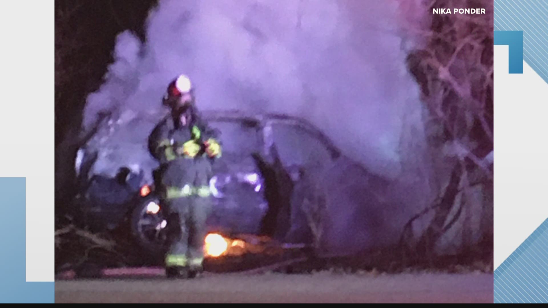 Police said the car struck a tree and caught on fire
