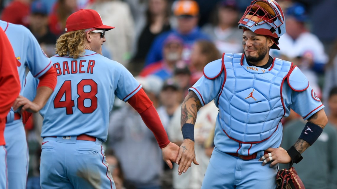 Cardinals catcher Yadier Molina is hit by a pitch in a rehab assignment