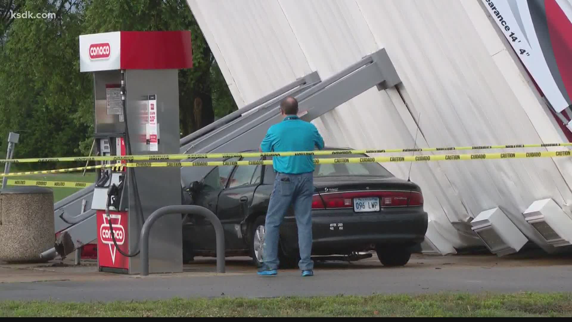 The wind brought down many trees and even a gas station awning.