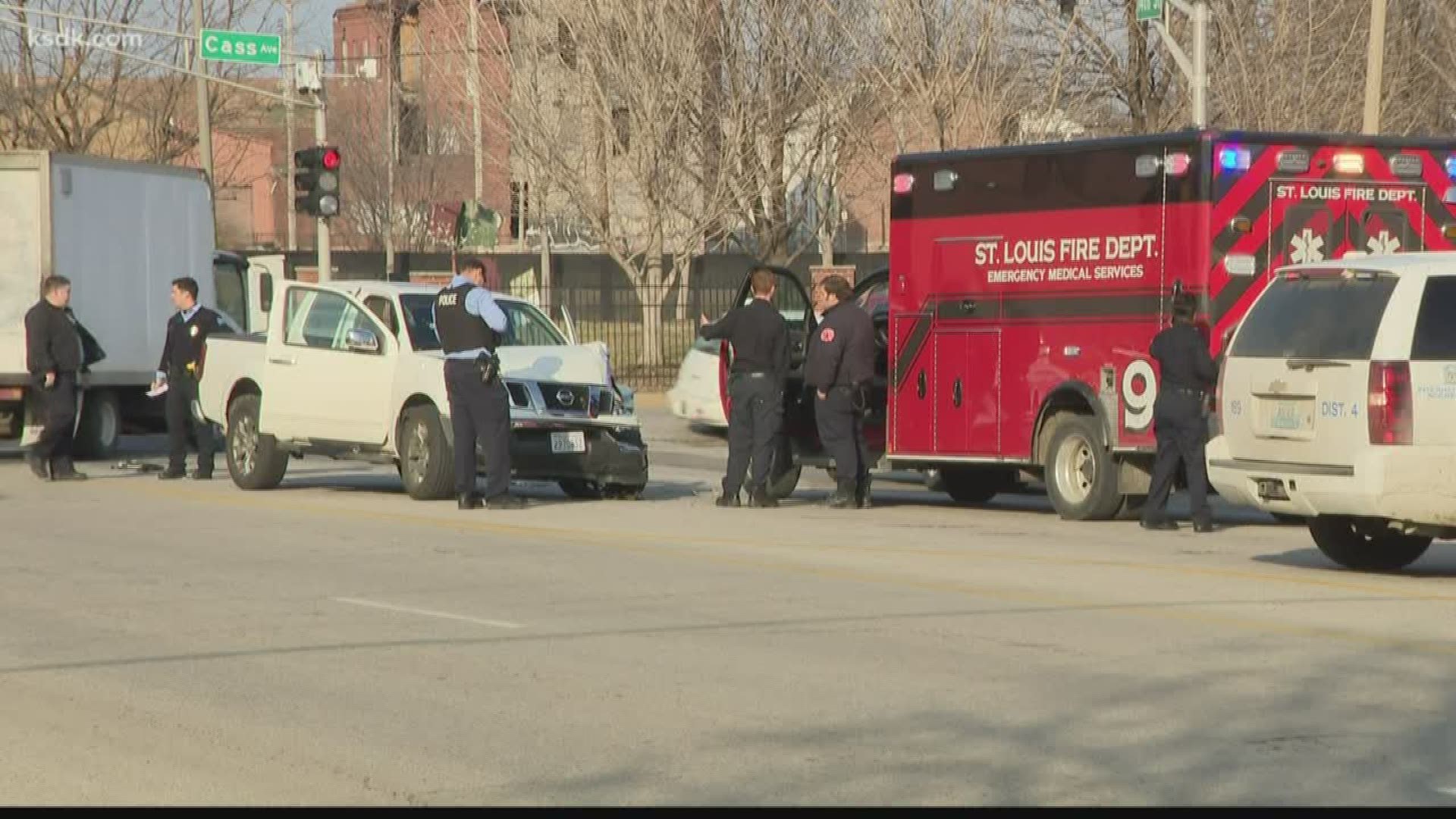 "We're at Cass and 15th, drive-by shooting. They just hit us," said a first responder sitting in a St. Louis Fire Department ambulance caught in a shooting.