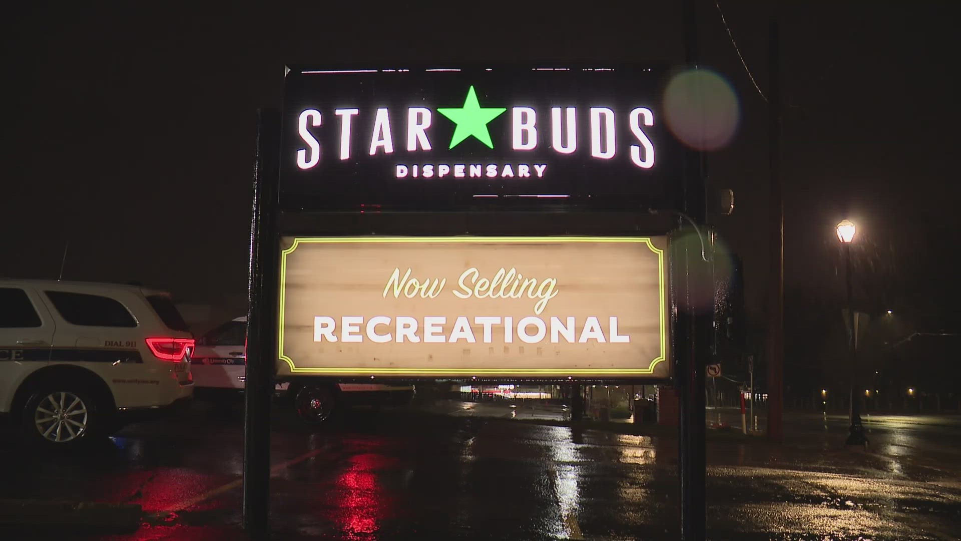 Star Buds dispensary along Olive Boulevard was broken into at about 2:30 a.m. Friday. The glass in the front door was busted and broken.