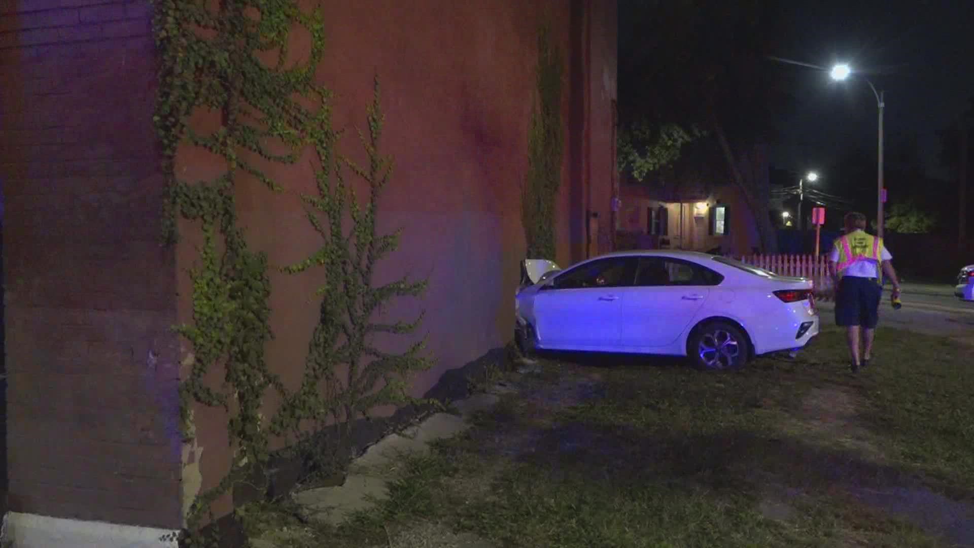 The crash happened just after 12:30 a.m. Monday on Gravois and Nebraska. It appears the car went through a small yard before slamming through the wall of a building.