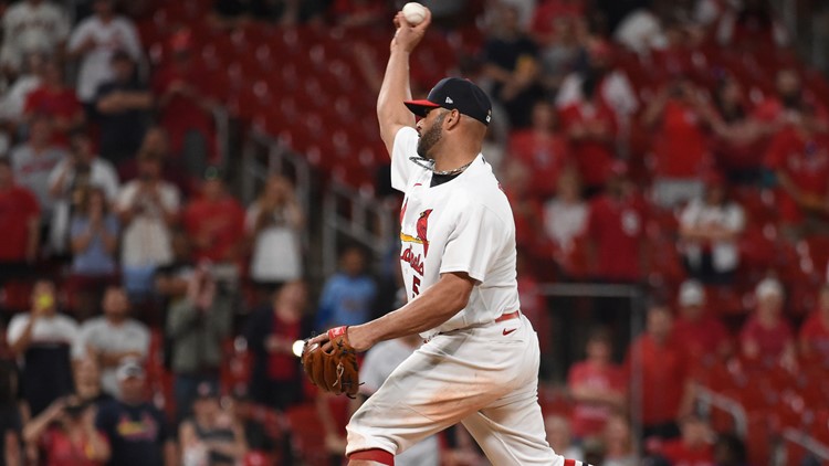 St Louis, USA . 01st May, 2022. St. Louis Cardinals Albert Pujols sets  himself for the pitch against the Arizona Diamondbacks in the first inning  at Busch Stadium in St. Louis on