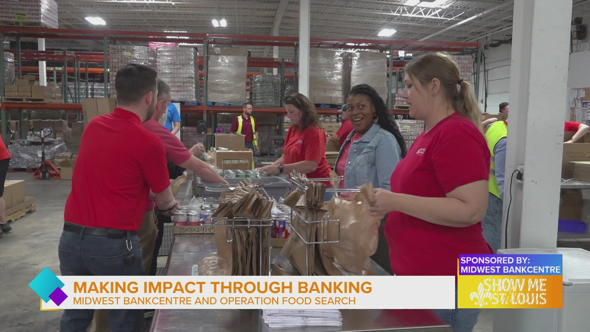 The bank behind Impact Banking in St. Louis takes time away from the desk pack meals at Operation Food Search.