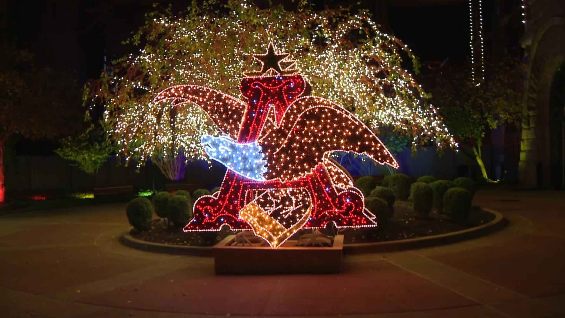 Take a look at the Anheuser-Busch Brewery Christmas lights! The brewery is lit up with Christmas lights and decorations for the holiday.