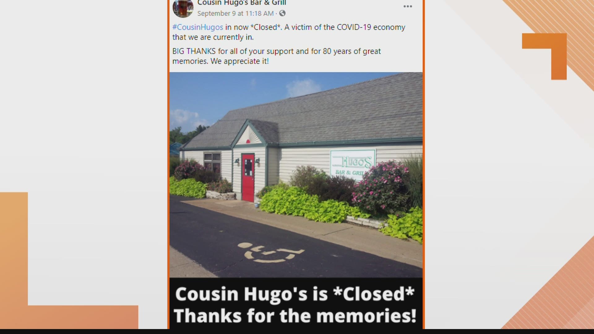 "A victim of the COVID-19 economy that we are currently in," Cousin Hugo's Bar & Grill wrote on Facebook.