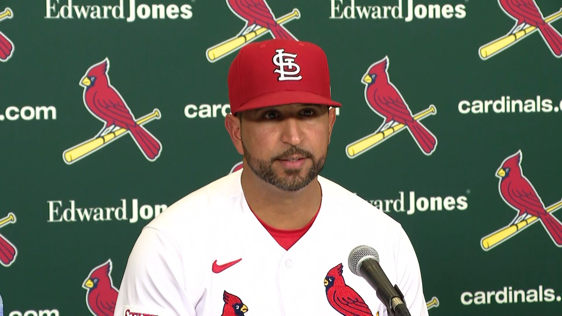 St. Louis Cardinals manager Oliver Marmol talks to the media after pitcher Adam Wainwright got his 200th career win with a 1-0 win over the Milwaukee Brewers.
