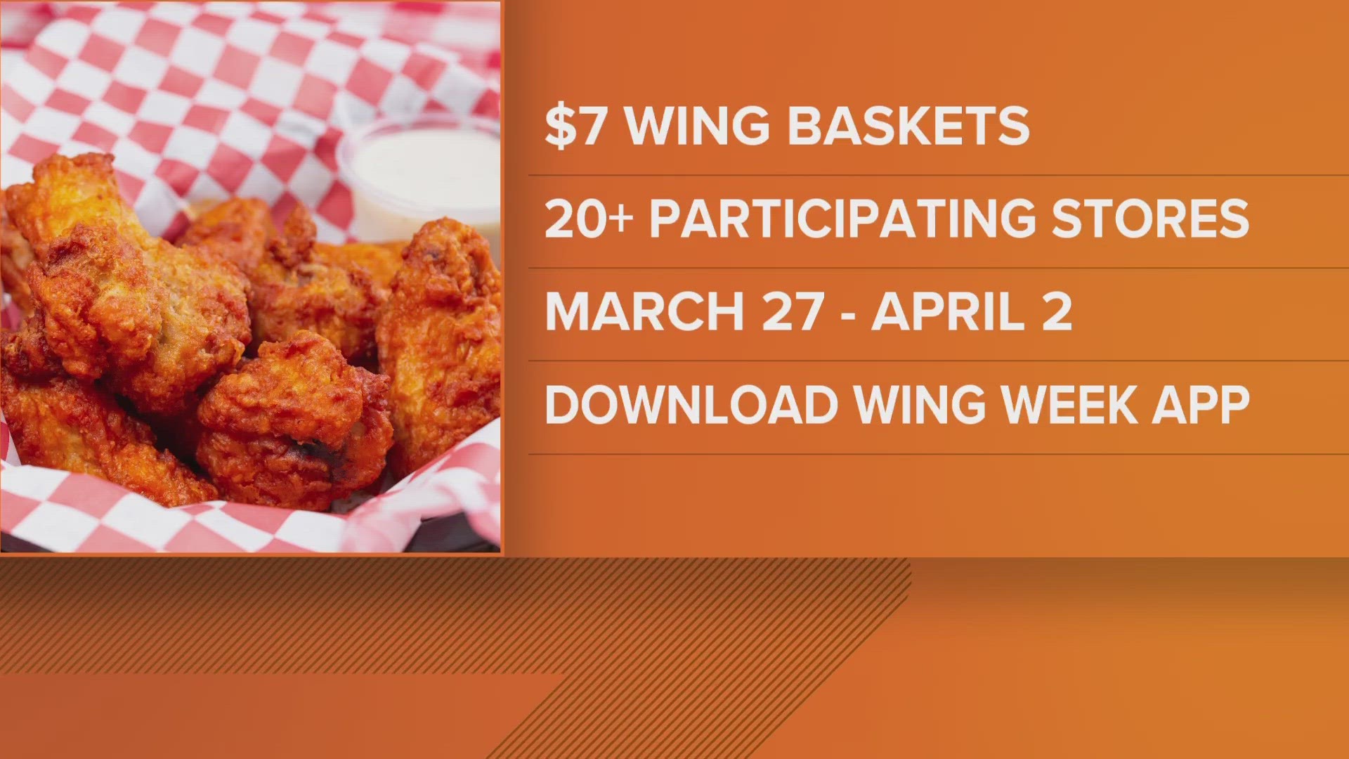 Twenty different restaurants are participating. You can get a basket of wings for $7 through April 2.
