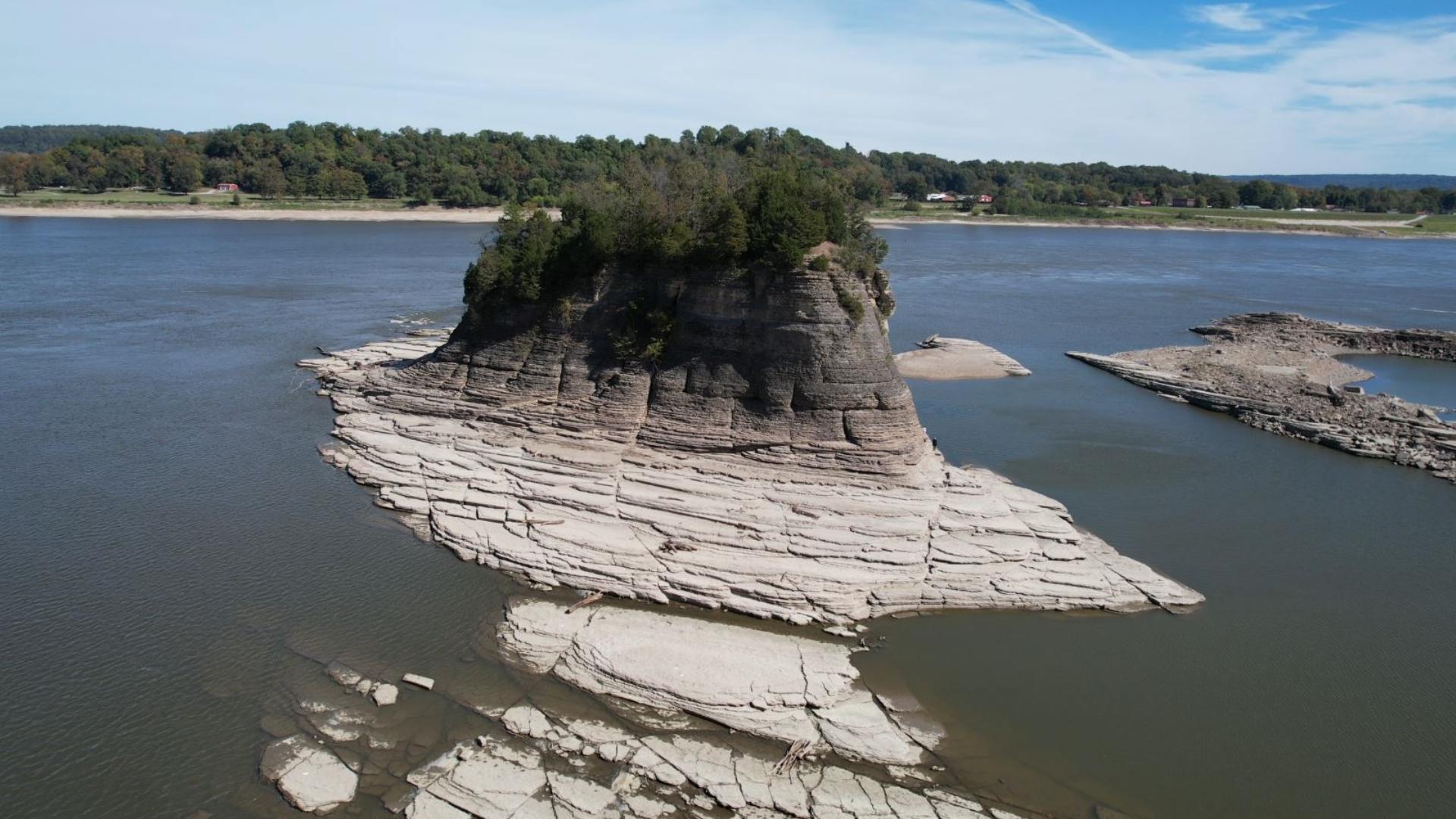 Tower Rock reemerged from the depths of the Mississippi River for the third year in a row. Tower Rock is located near Chester, Illinois.