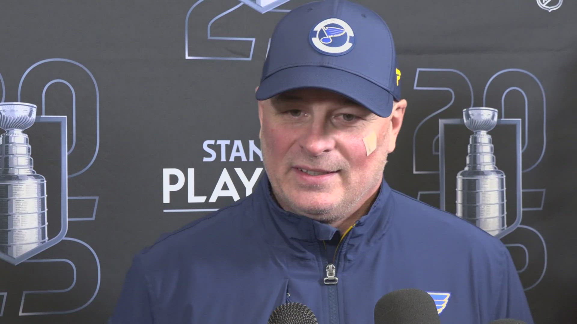 Blues head coach Jim Montgomery takes one for the team on Tuesday. Here's what happened.