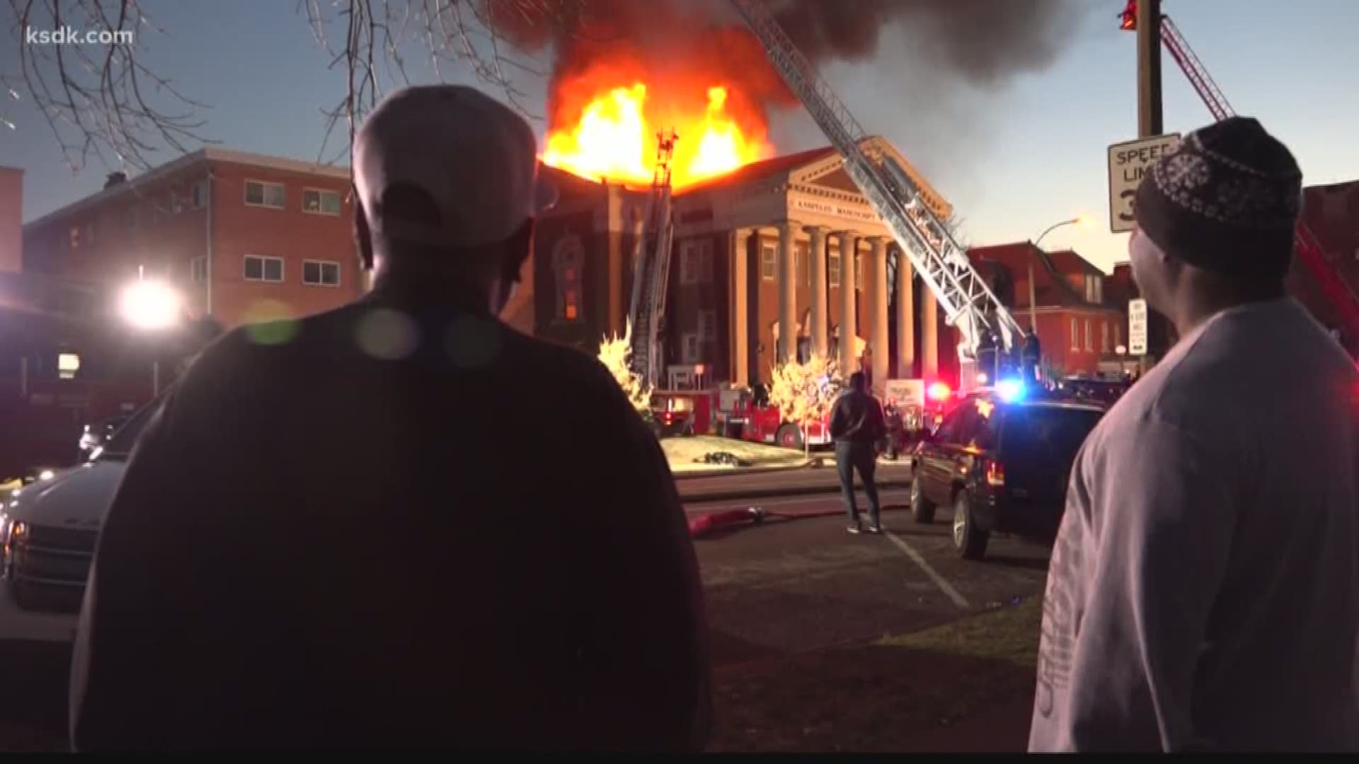 More than 80 firefighters worked to put out the large fire at a former church that now houses the Karpeles Manuscript Library Museum.