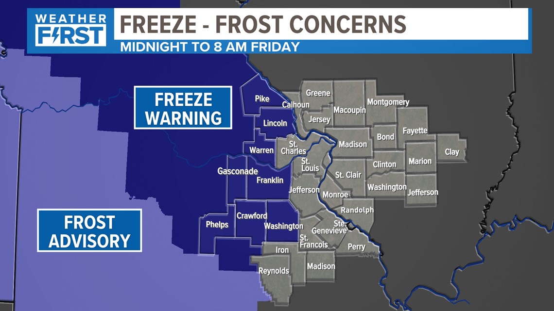Freeze and frost possible in some areas early Friday west of St. Louis