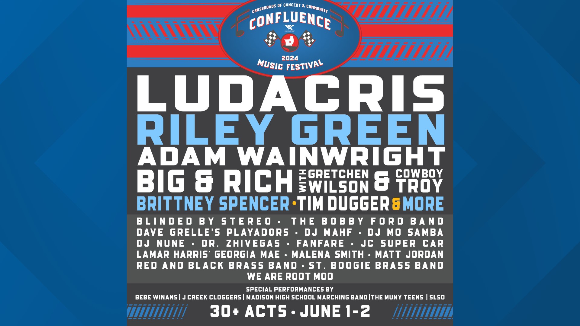 The Confluence Music Festival will feature a variety of performers. Headliners include rapper Ludacris, rising star Riley Green and former Cardinal Adam Wainwright.