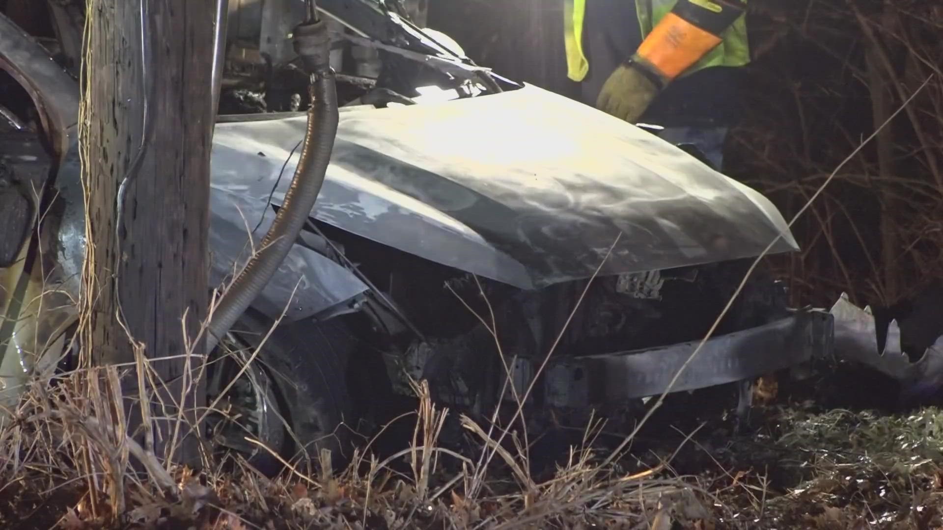 While fleeing O'Fallon police, the car crashed into a pole and caught fire on the I-270 ramp to Big Bend Boulevard.