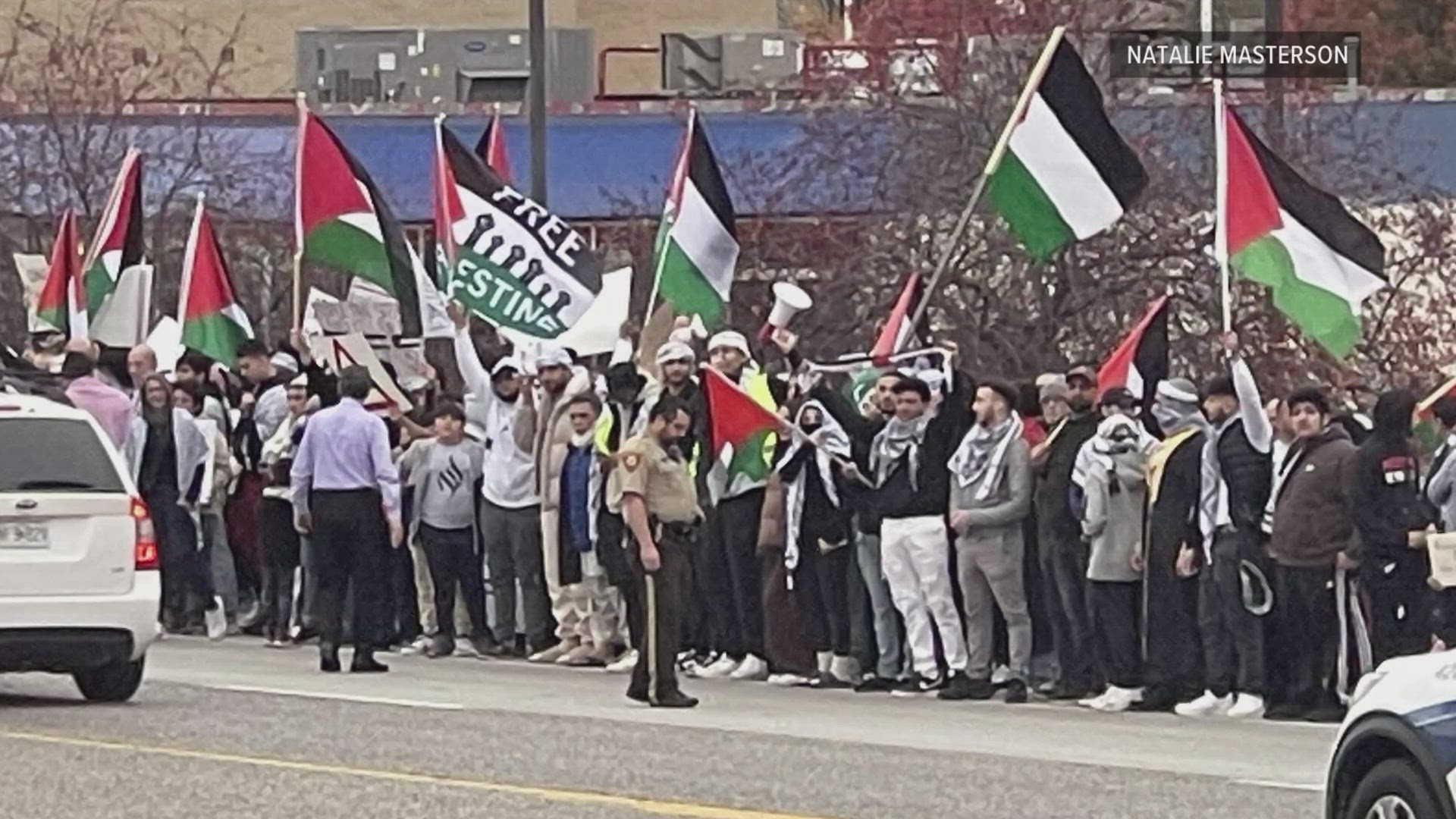 Protesters calling for a ceasefire in Gaza were in west St. Louis County. Police said one person was taken into custody following a dispute. There were no injuries.