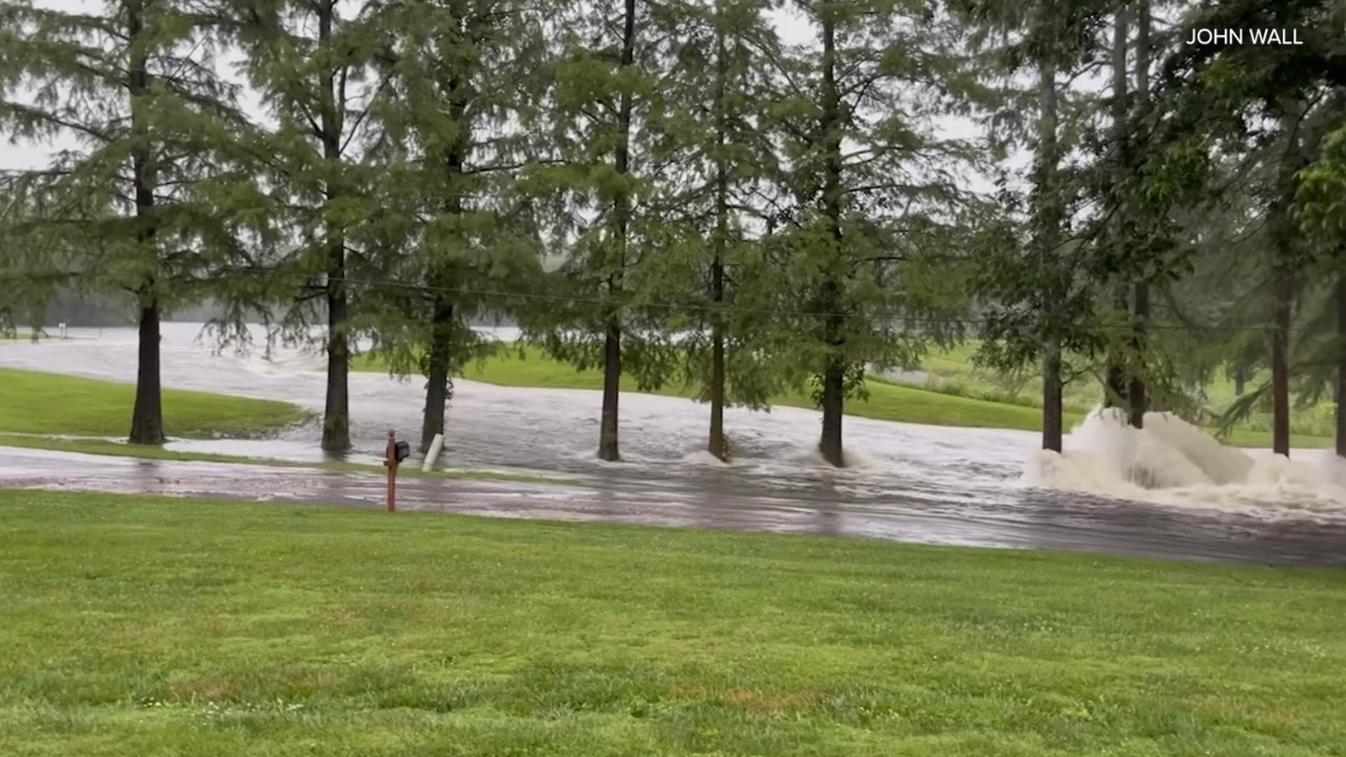 Heavy rains overwhelmed the Nashville, Illinois, reservoir on Tuesday. About 200 homes were evacuated in the area.