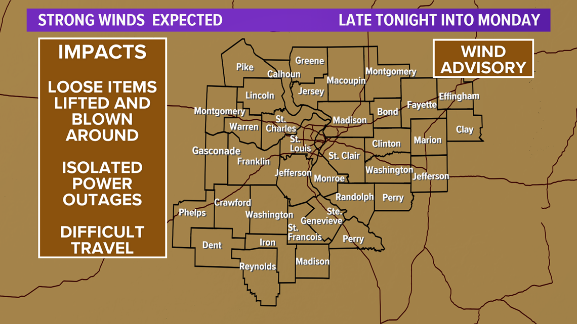 Strong, gusty winds develop in St. Louis overnight