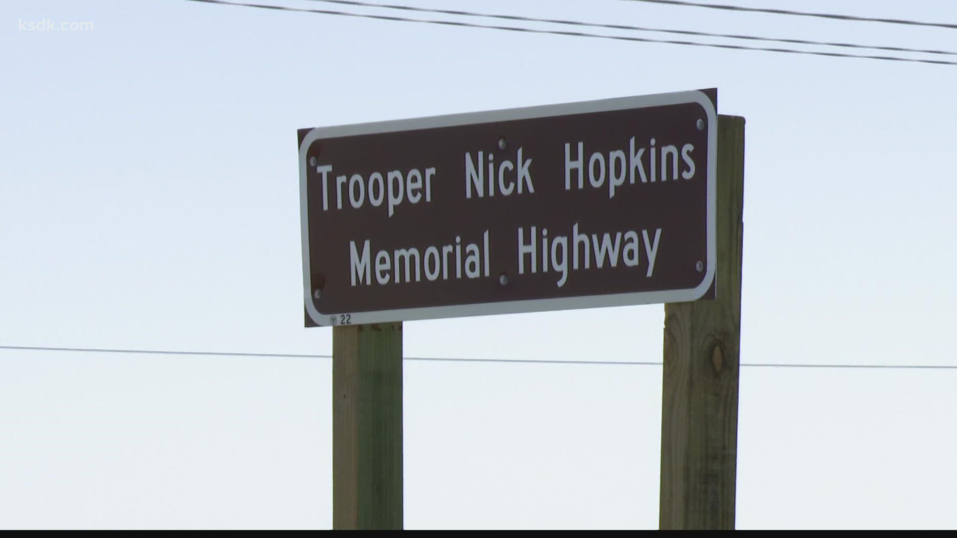 The seven-mile stretch of Illinois Route 3 between Kaskaskia and GG roads is now known as Trooper Nicholas J. Hopkins Memorial Highway.