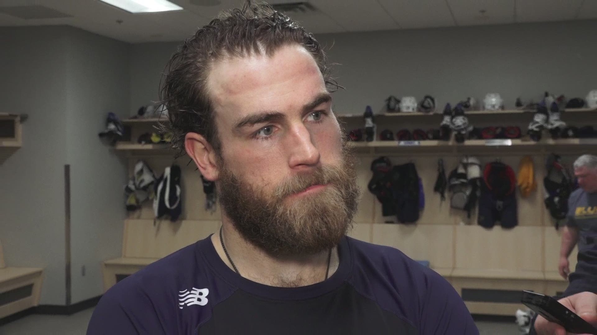Ryan O'Reilly talked after the Blues gave up the lead and lost to the Vegas Golden Knights in overtime. Courtesy: Blue Note Productions