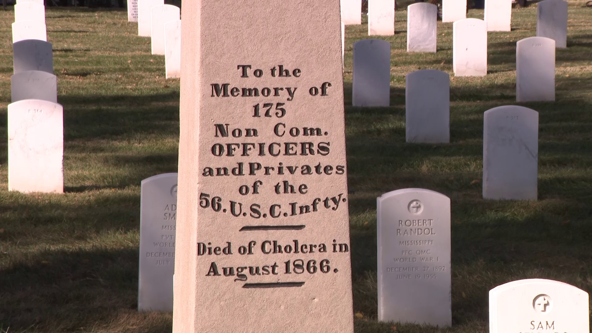 The 175 African American enlisted men of the 56th U.S. Colored Infantry are now buried together in a mass grave at Jefferson Barracks National Cemetery.