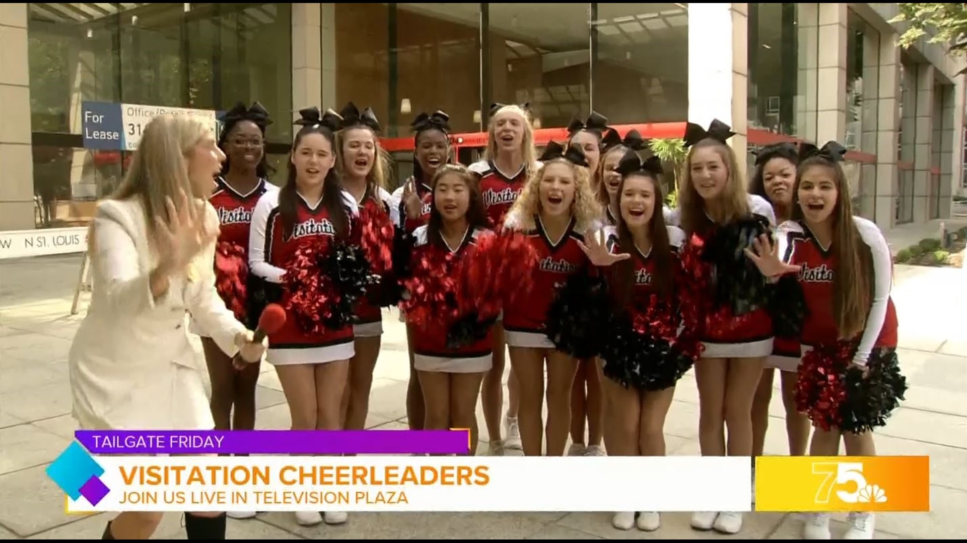 The Visitation Academy cheerleaders join Mary in Television Plaza to pump us up for the first Tailgate Friday