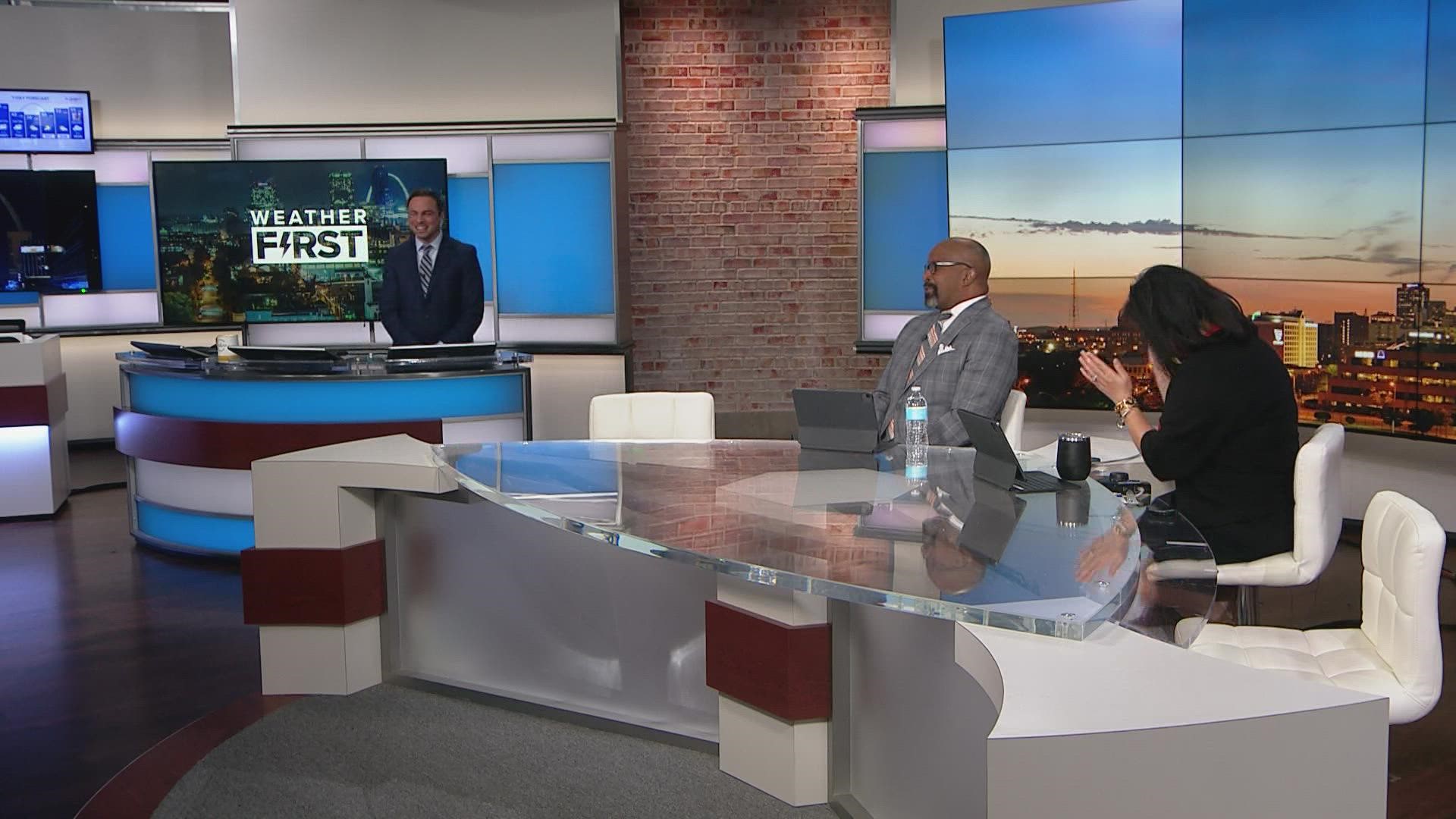 Rene Knott, Michelle Li and Anthony Slaughter talk about the Gateway Arch. The Today in St. Louis anchors joked about the camera shot showing the monument.