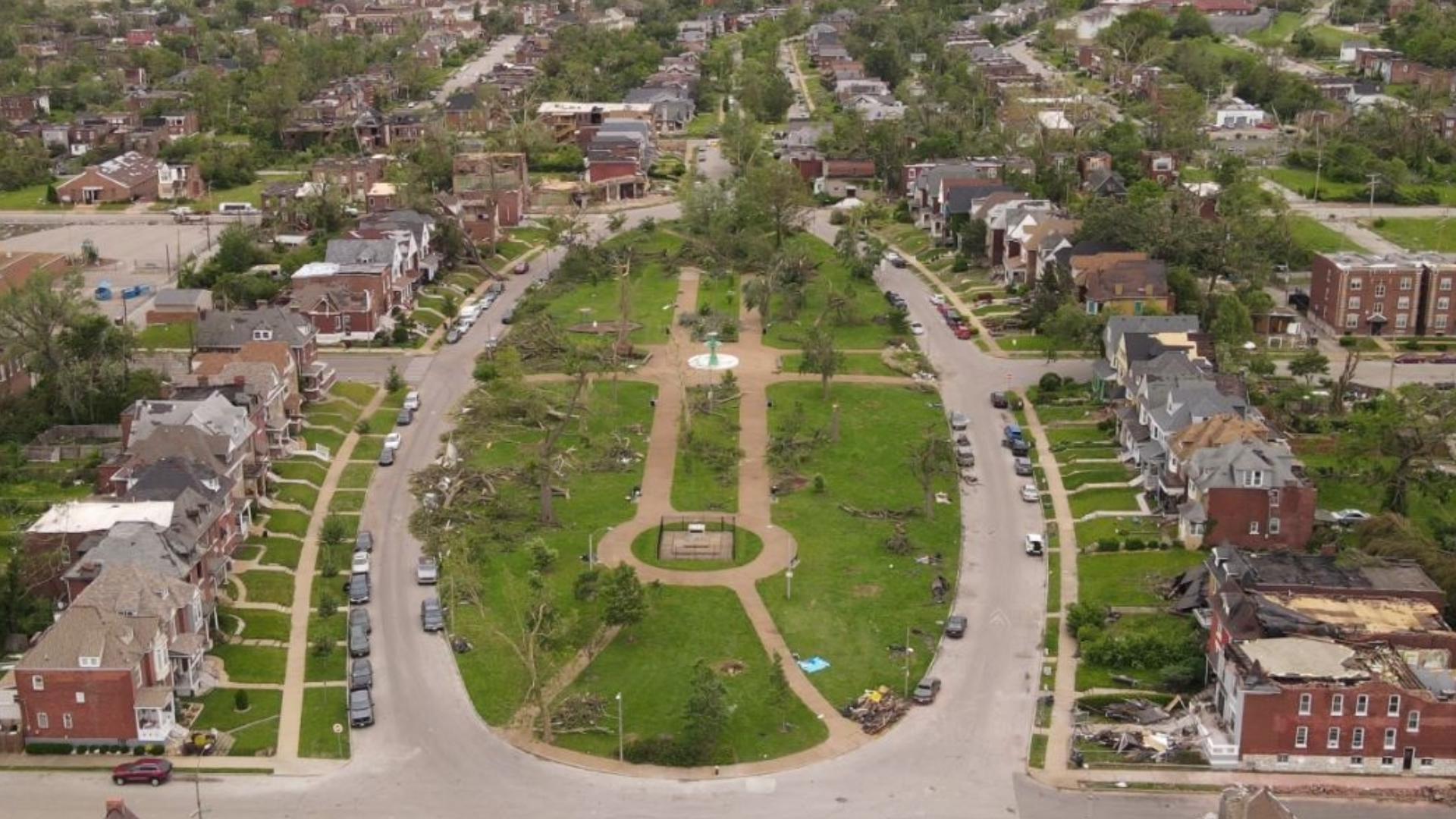Drone video shows EF3 tornado damage in St. Louis neighborhoods. The tornado killed five people and injured several others.