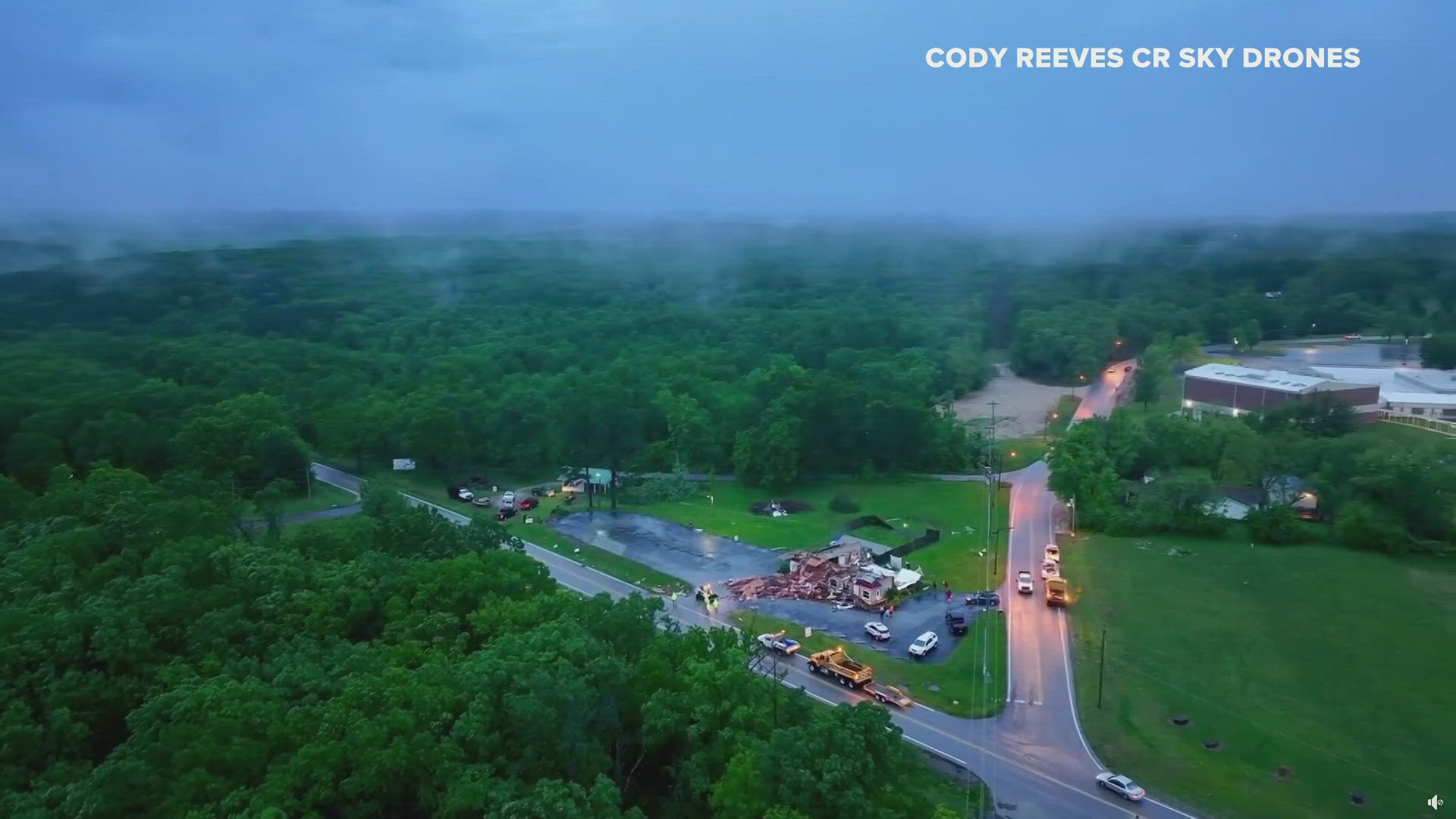 Video from Cody Reeves CR Sky Drones shows the damage to One More Pub & Grub and how close the bar is to the high school.