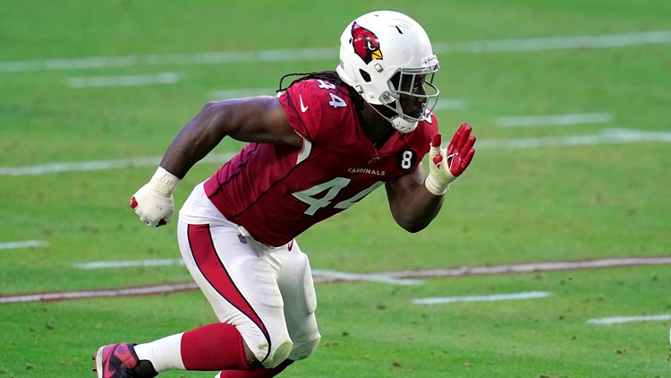 GLENDALE, AZ - AUGUST 04: Arizona Cardinals defensive end Markus Golden  (44) runs a drill during Arizona Cardinals training camp on August 4, 2021  at State Farm Stadium in Glendale, Arizona (Photo