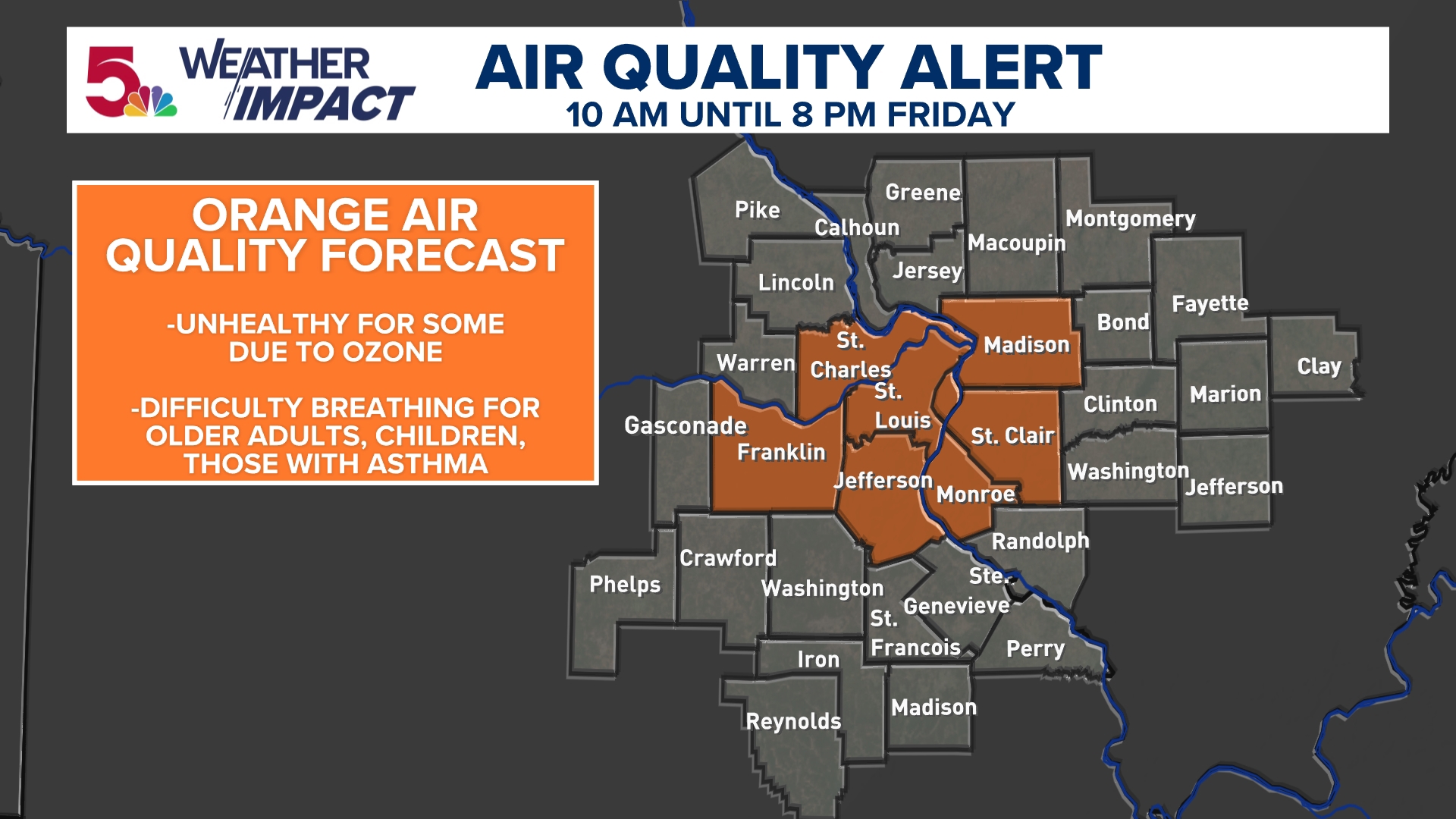 Ozone levels are expected to rise into the unhealthy for sensitive groups category, or orange, Friday. Light winds and adequate sunshine lead to the ozone formation.