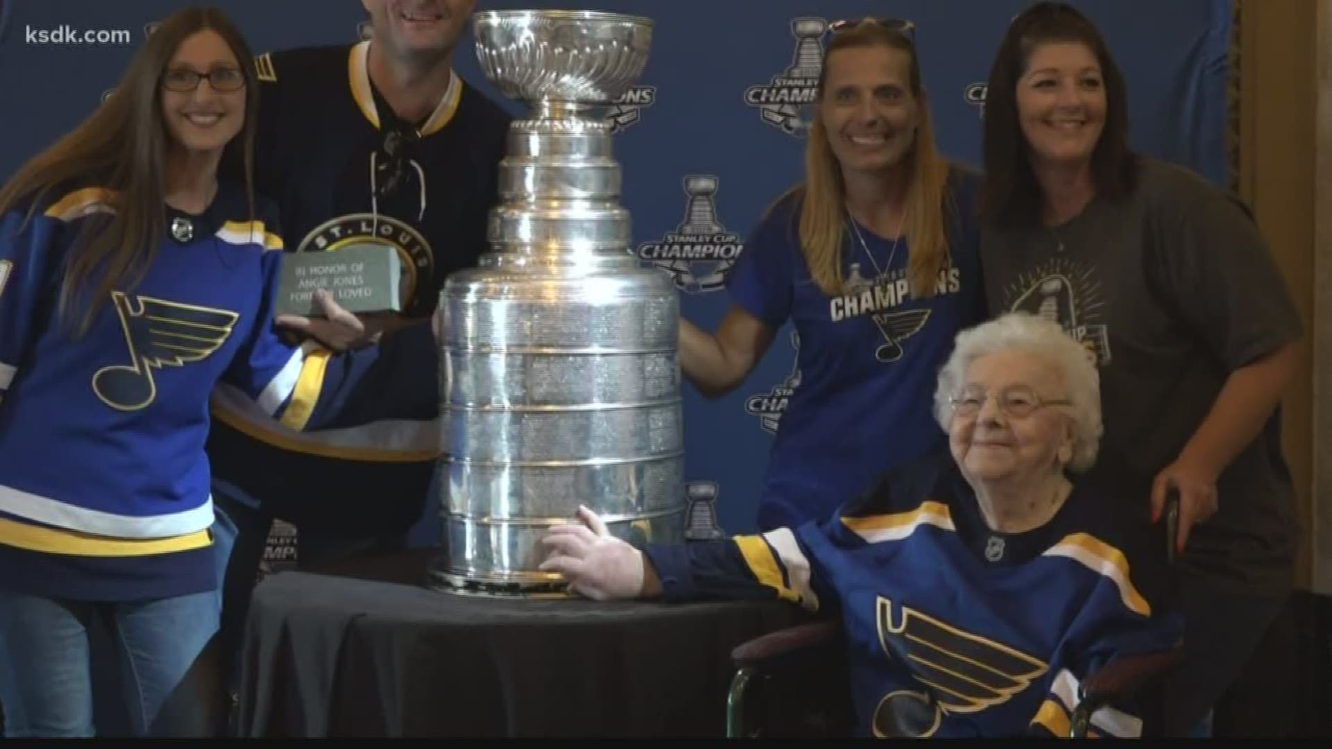 A very special Blues fan, 101-year-old Caroline Laska got a special visit from Blues owner Tom Stillman and team president Doug Armstrong.