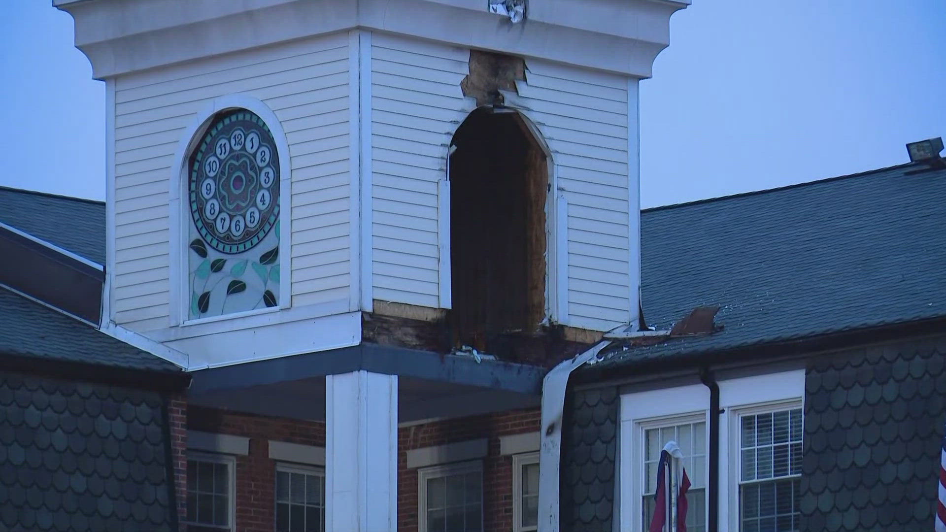 The clocktower at Three Flags Center in St. Charles sustained fire damage overnight. It could be because of a possible lightning strike
