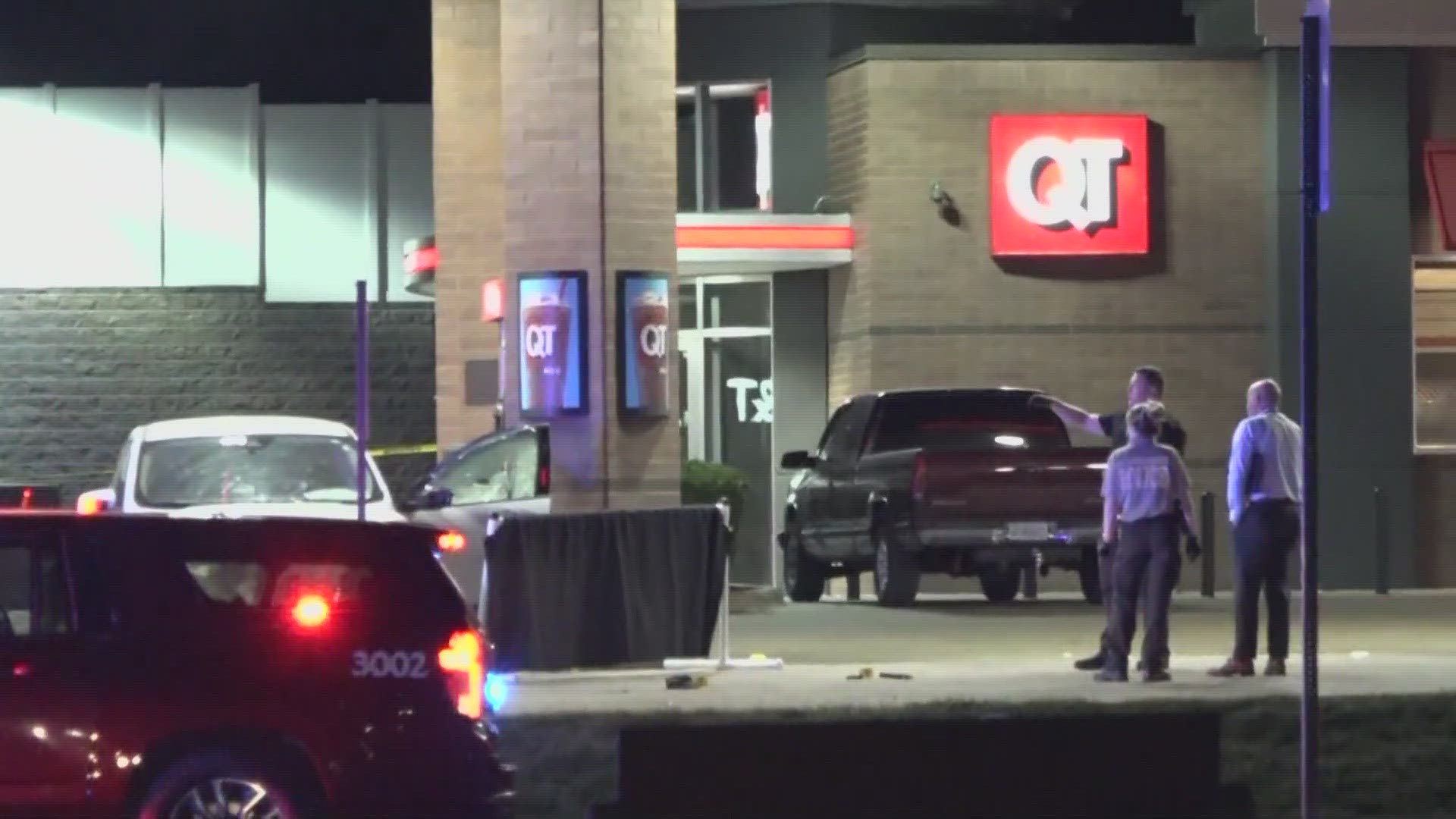 Hearing gunfire in the parking lot, the officer exited the gas station and witnessed a deadly shooting before firing at the suspect. The suspect was fatally injured.