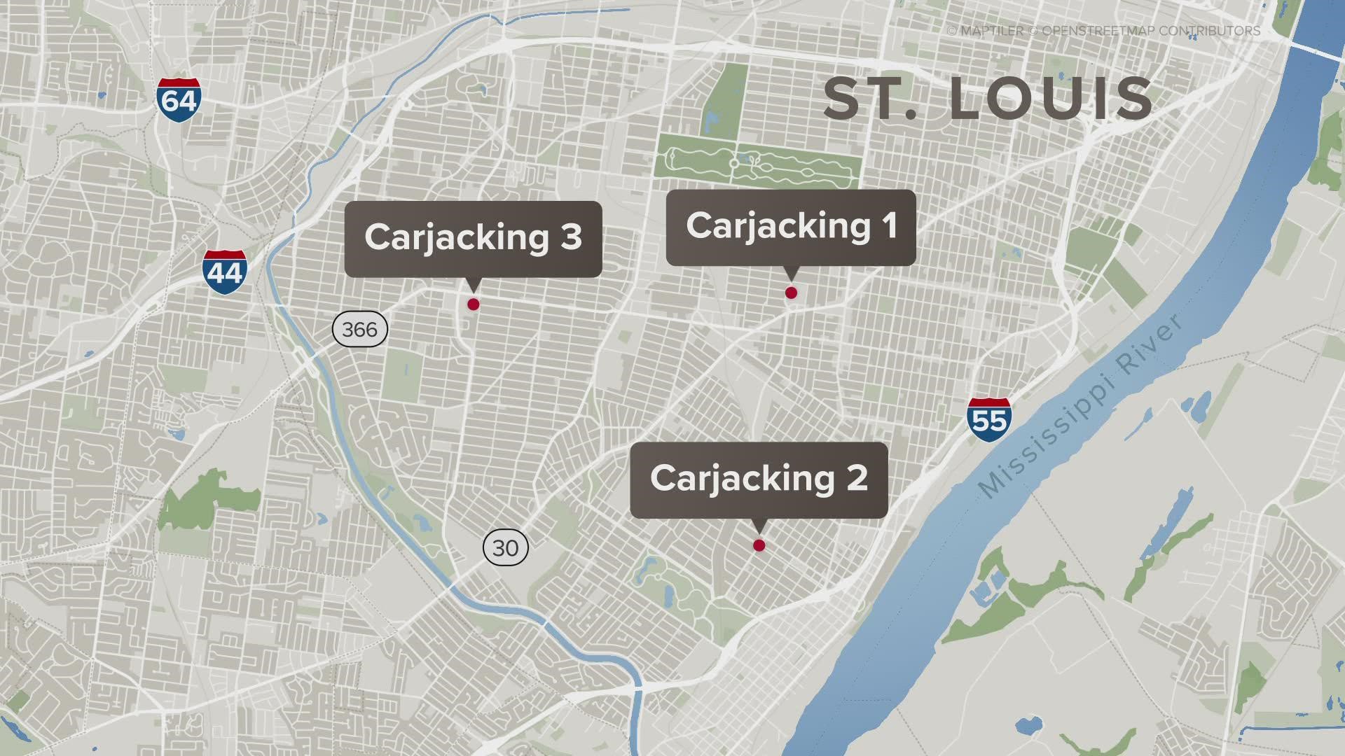 Three carjackings happened last night in south St. Louis. Police are looking for the suspects after saying they are all "possibly connected."