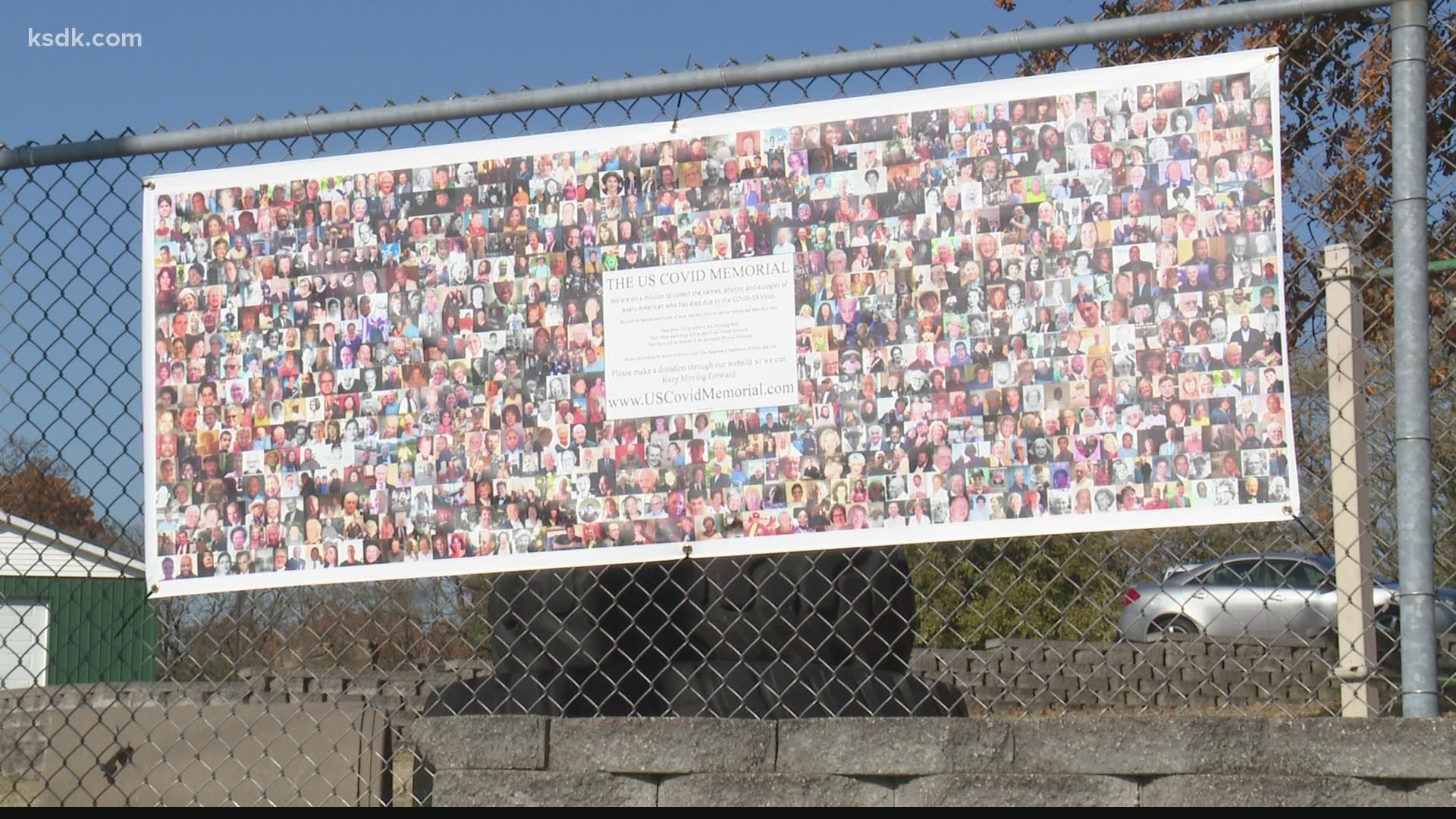 Each three-by-eight-foot banner contains photos or hearts representing every American lost to the pandemic