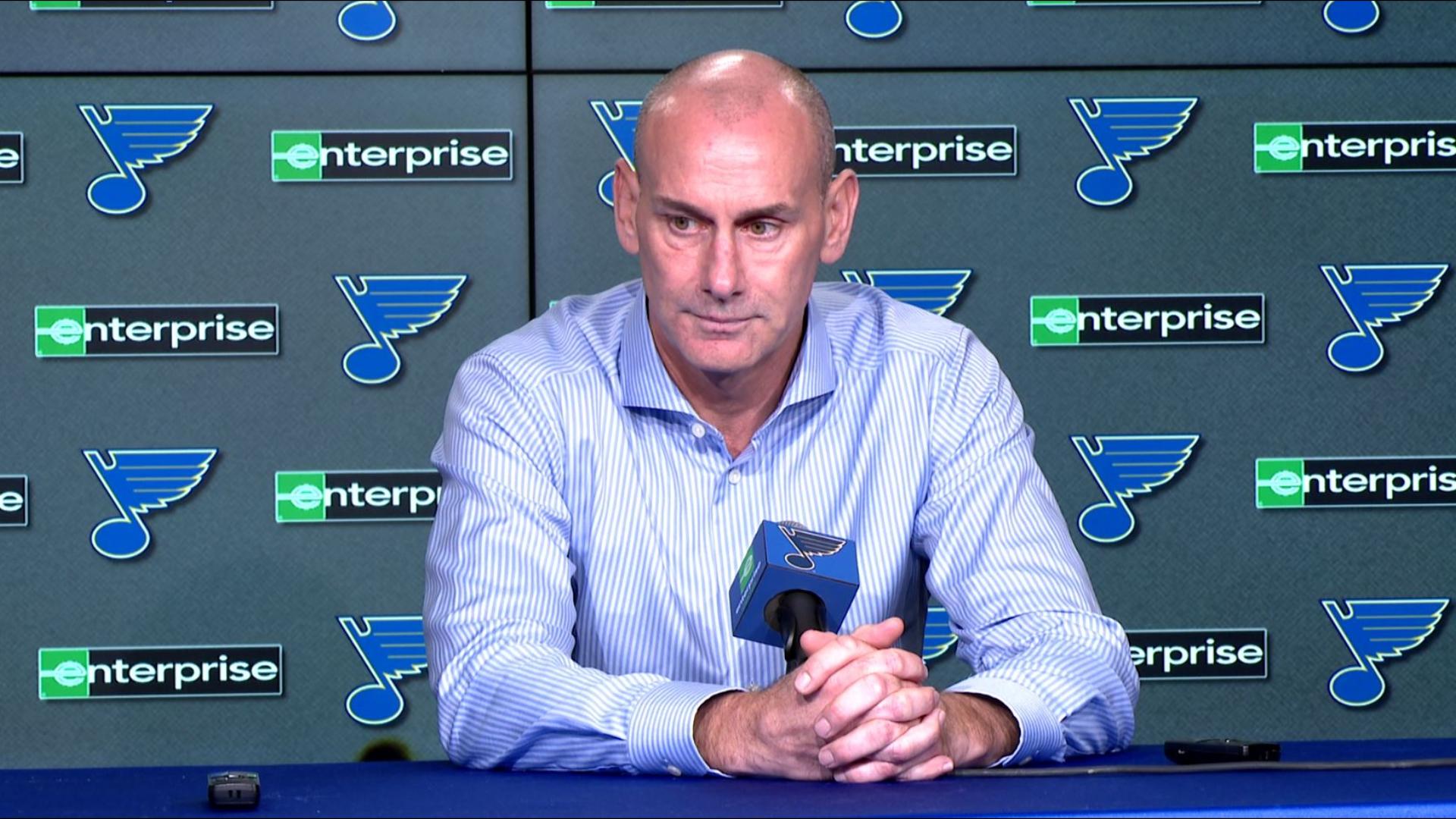 Head coach Drew Bannister, Jordan Kyrou, Justin Faulk and Nick Leddy react to the Blues 4-1 loss in their home opener. They are 2-2-0 so far this season.