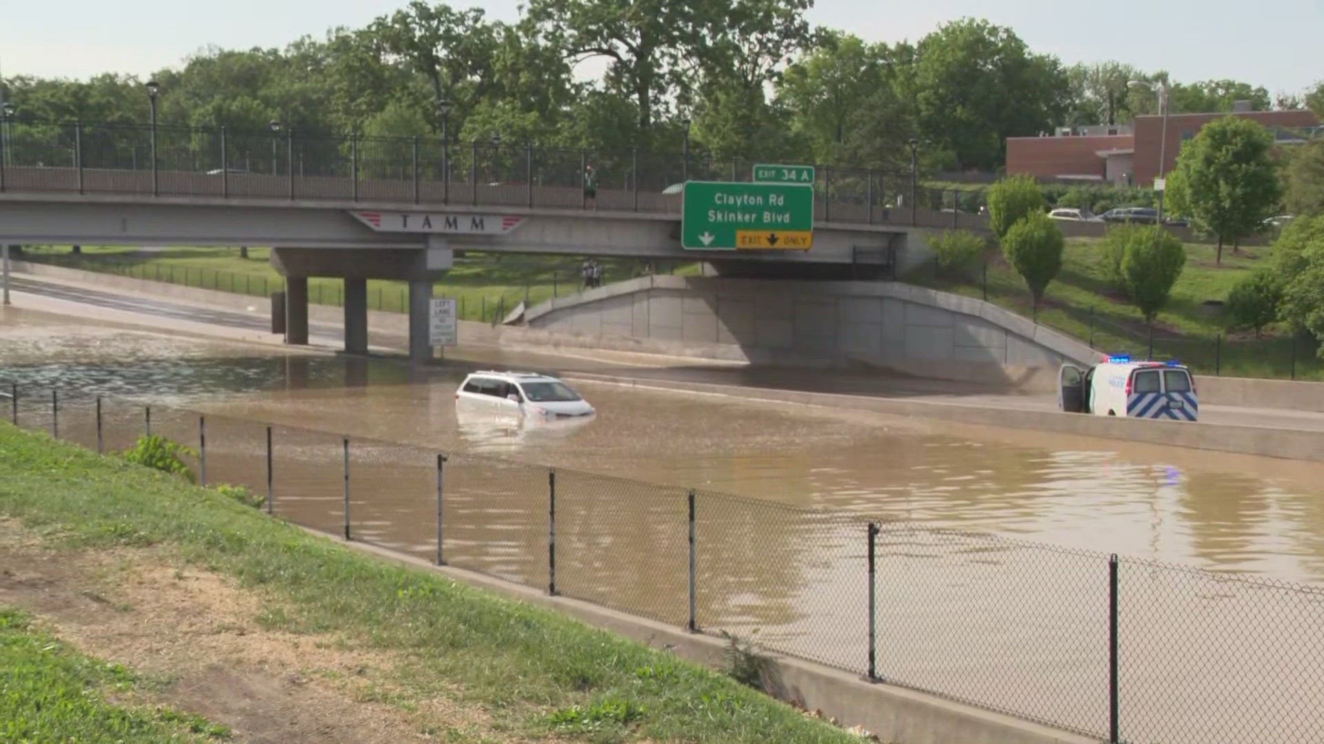 A water main break has flooded lanes of Interstate 64 near the Tamm Avenue overpass. At least one car appeared to be stranded in the water.